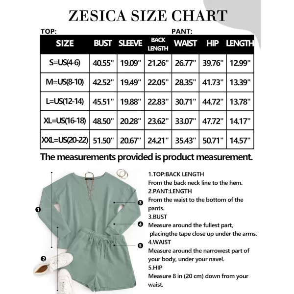 imageZESICA Womens Waffle Knit Long Sleeve Top and Shorts Pullover Nightwear Lounge Pajama Set with PocketsGreen