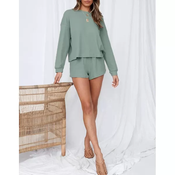 imageZESICA Womens Waffle Knit Long Sleeve Top and Shorts Pullover Nightwear Lounge Pajama Set with PocketsGreen