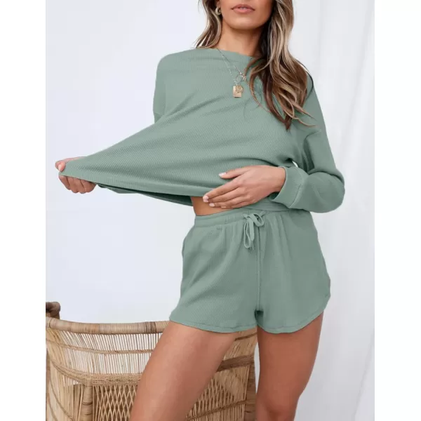 imageZESICA Womens Waffle Knit Long Sleeve Top and Shorts Pullover Nightwear Lounge Pajama Set with PocketsGreen