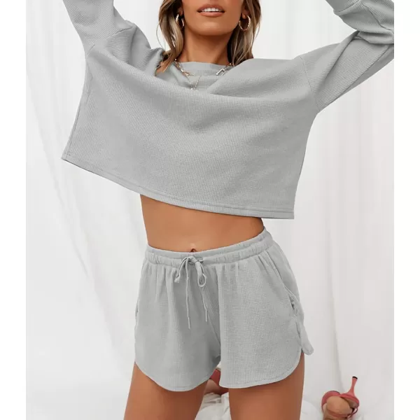 imageZESICA Womens Waffle Knit Long Sleeve Top and Shorts Pullover Nightwear Lounge Pajama Set with PocketsGrey