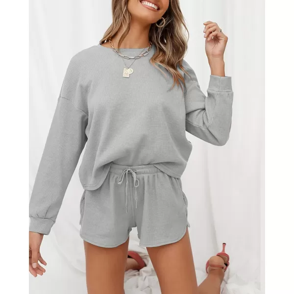 imageZESICA Womens Waffle Knit Long Sleeve Top and Shorts Pullover Nightwear Lounge Pajama Set with PocketsGrey