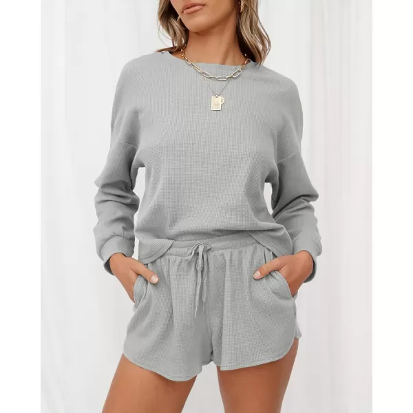 imageZESICA Womens Waffle Knit Long Sleeve Top and Shorts Pullover Nightwear Lounge Pajama Set with PocketsGrey