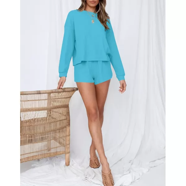 imageZESICA Womens Waffle Knit Long Sleeve Top and Shorts Pullover Nightwear Lounge Pajama Set with PocketsLakeblue
