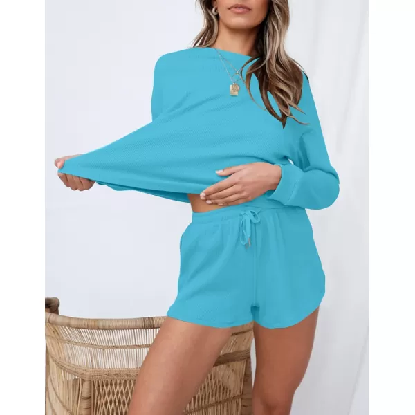 imageZESICA Womens Waffle Knit Long Sleeve Top and Shorts Pullover Nightwear Lounge Pajama Set with PocketsLakeblue
