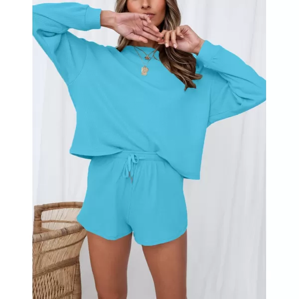 imageZESICA Womens Waffle Knit Long Sleeve Top and Shorts Pullover Nightwear Lounge Pajama Set with PocketsLakeblue