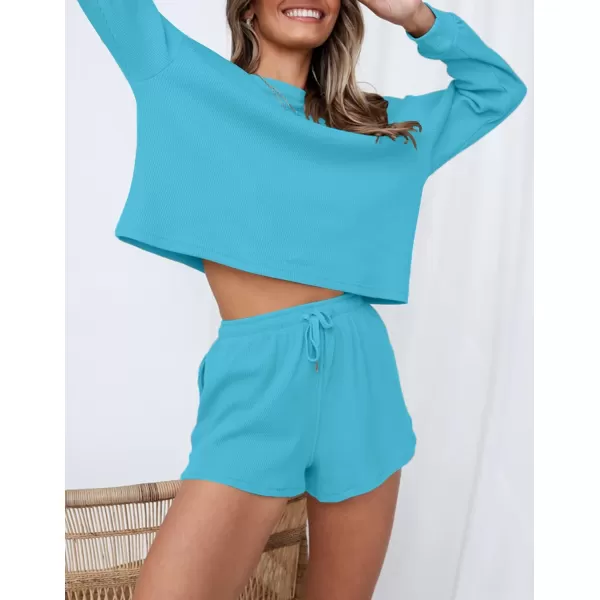 imageZESICA Womens Waffle Knit Long Sleeve Top and Shorts Pullover Nightwear Lounge Pajama Set with PocketsLakeblue