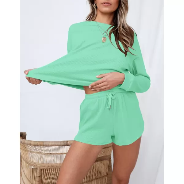 imageZESICA Womens Waffle Knit Long Sleeve Top and Shorts Pullover Nightwear Lounge Pajama Set with PocketsMistgreen