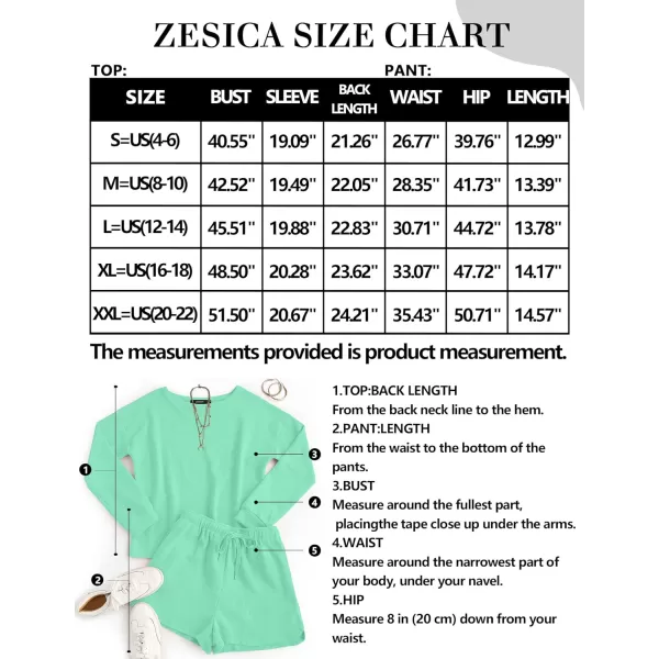 imageZESICA Womens Waffle Knit Long Sleeve Top and Shorts Pullover Nightwear Lounge Pajama Set with PocketsMistgreen