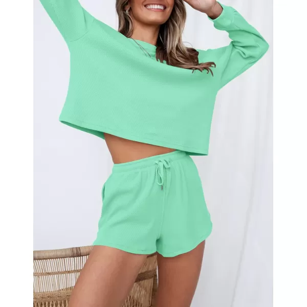 imageZESICA Womens Waffle Knit Long Sleeve Top and Shorts Pullover Nightwear Lounge Pajama Set with PocketsMistgreen