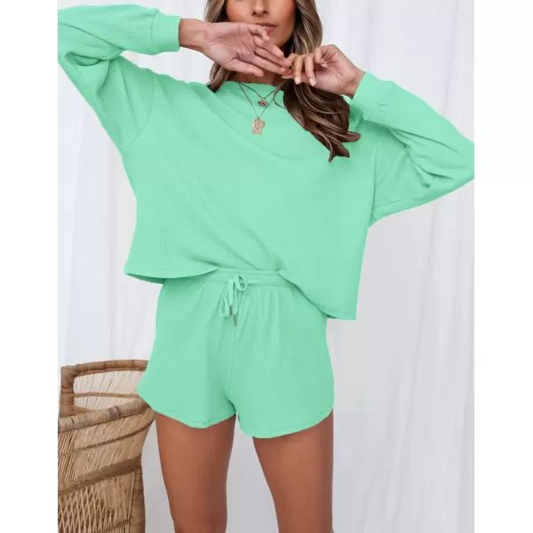 imageZESICA Womens Waffle Knit Long Sleeve Top and Shorts Pullover Nightwear Lounge Pajama Set with PocketsMistgreen
