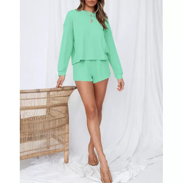 imageZESICA Womens Waffle Knit Long Sleeve Top and Shorts Pullover Nightwear Lounge Pajama Set with PocketsMistgreen