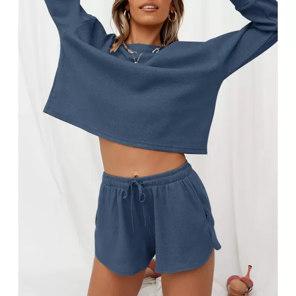imageZESICA Womens Waffle Knit Long Sleeve Top and Shorts Pullover Nightwear Lounge Pajama Set with PocketsNavy
