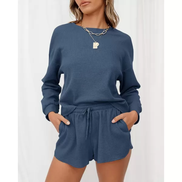 imageZESICA Womens Waffle Knit Long Sleeve Top and Shorts Pullover Nightwear Lounge Pajama Set with PocketsNavy