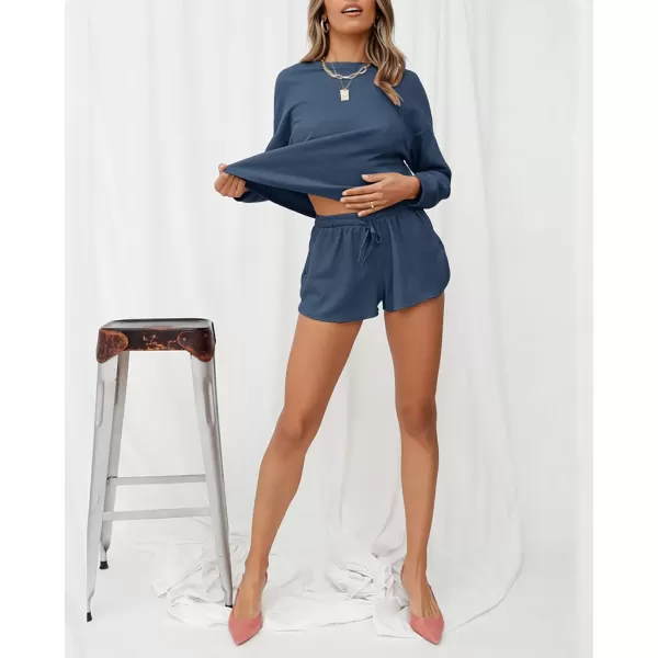 imageZESICA Womens Waffle Knit Long Sleeve Top and Shorts Pullover Nightwear Lounge Pajama Set with PocketsNavy