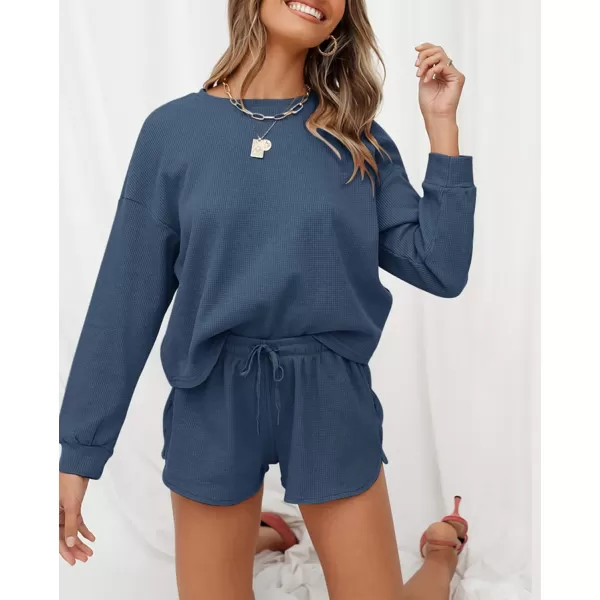 imageZESICA Womens Waffle Knit Long Sleeve Top and Shorts Pullover Nightwear Lounge Pajama Set with PocketsNavy
