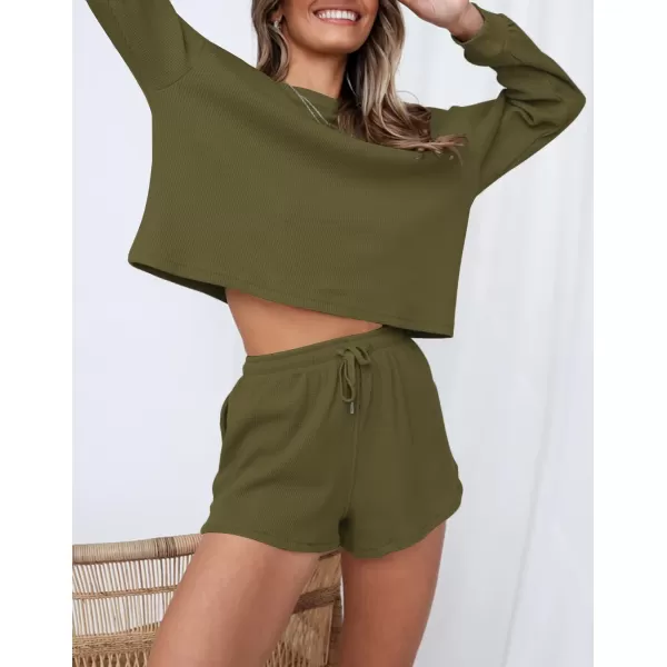imageZESICA Womens Waffle Knit Long Sleeve Top and Shorts Pullover Nightwear Lounge Pajama Set with PocketsOlive
