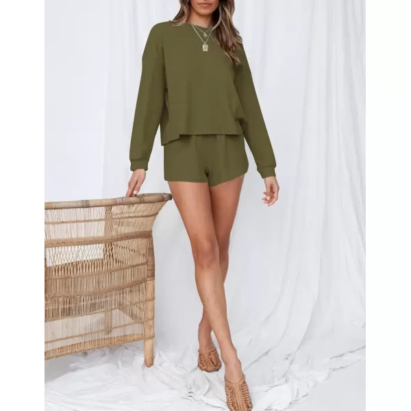 imageZESICA Womens Waffle Knit Long Sleeve Top and Shorts Pullover Nightwear Lounge Pajama Set with PocketsOlive