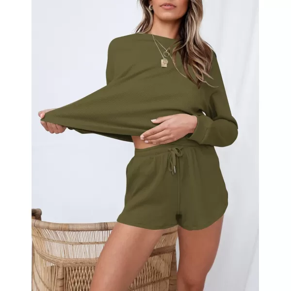 imageZESICA Womens Waffle Knit Long Sleeve Top and Shorts Pullover Nightwear Lounge Pajama Set with PocketsOlive