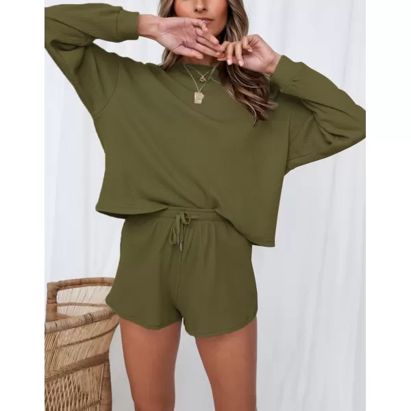 imageZESICA Womens Waffle Knit Long Sleeve Top and Shorts Pullover Nightwear Lounge Pajama Set with PocketsOlive