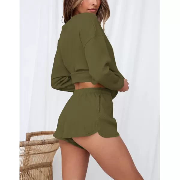 imageZESICA Womens Waffle Knit Long Sleeve Top and Shorts Pullover Nightwear Lounge Pajama Set with PocketsOlive