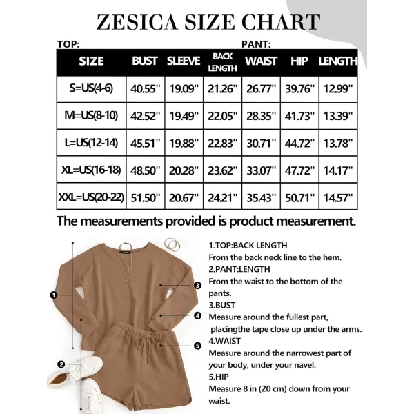 imageZESICA Womens Waffle Knit Long Sleeve Top and Shorts Pullover Nightwear Lounge Pajama Set with PocketsRedbrown