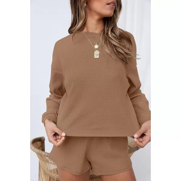 imageZESICA Womens Waffle Knit Long Sleeve Top and Shorts Pullover Nightwear Lounge Pajama Set with PocketsRedbrown