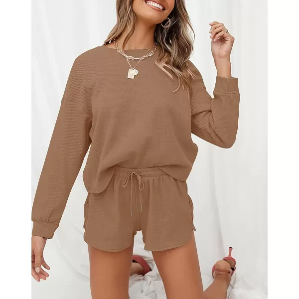 imageZESICA Womens Waffle Knit Long Sleeve Top and Shorts Pullover Nightwear Lounge Pajama Set with PocketsRedbrown