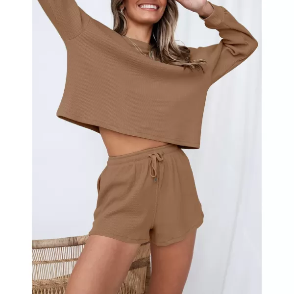 imageZESICA Womens Waffle Knit Long Sleeve Top and Shorts Pullover Nightwear Lounge Pajama Set with PocketsRedbrown