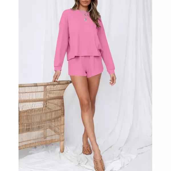 imageZESICA Womens Waffle Knit Long Sleeve Top and Shorts Pullover Nightwear Lounge Pajama Set with PocketsRosepink