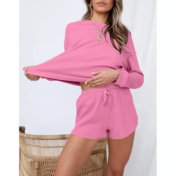imageZESICA Womens Waffle Knit Long Sleeve Top and Shorts Pullover Nightwear Lounge Pajama Set with PocketsRosepink