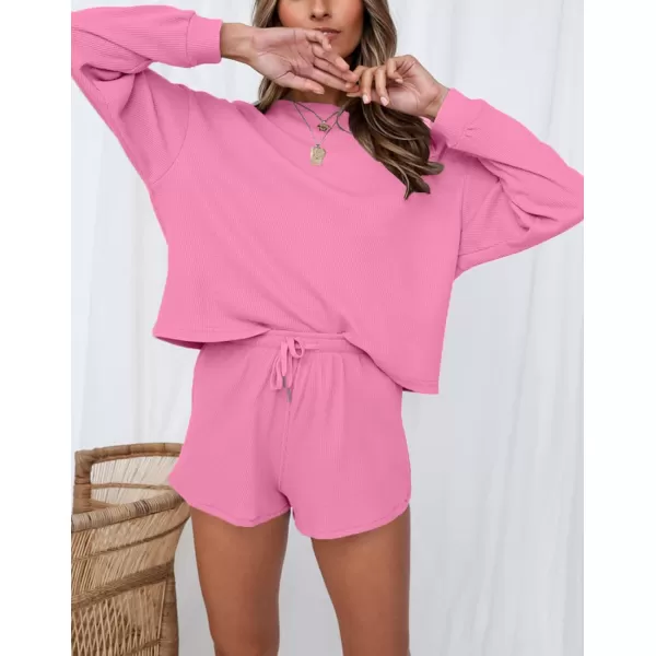 imageZESICA Womens Waffle Knit Long Sleeve Top and Shorts Pullover Nightwear Lounge Pajama Set with PocketsRosepink