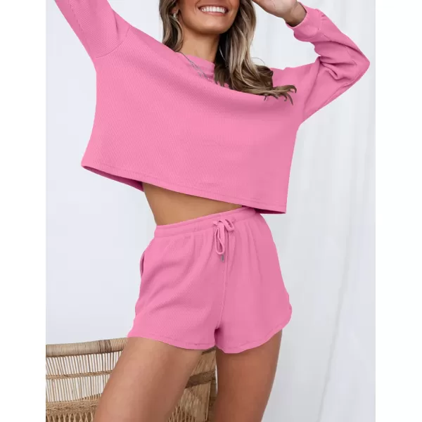 imageZESICA Womens Waffle Knit Long Sleeve Top and Shorts Pullover Nightwear Lounge Pajama Set with PocketsRosepink