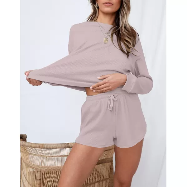 imageZESICA Womens Waffle Knit Long Sleeve Top and Shorts Pullover Nightwear Lounge Pajama Set with PocketsTaro