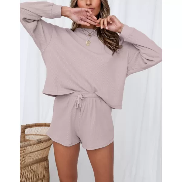 imageZESICA Womens Waffle Knit Long Sleeve Top and Shorts Pullover Nightwear Lounge Pajama Set with PocketsTaro