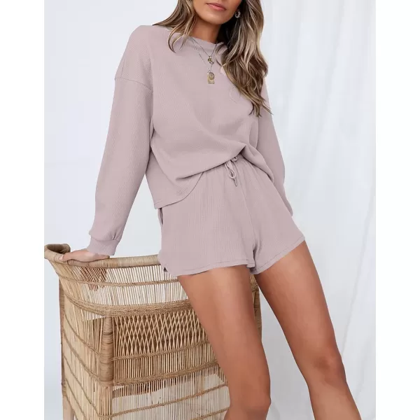 imageZESICA Womens Waffle Knit Long Sleeve Top and Shorts Pullover Nightwear Lounge Pajama Set with PocketsTaro