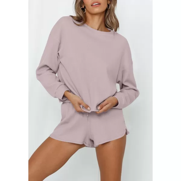 imageZESICA Womens Waffle Knit Long Sleeve Top and Shorts Pullover Nightwear Lounge Pajama Set with PocketsTaro