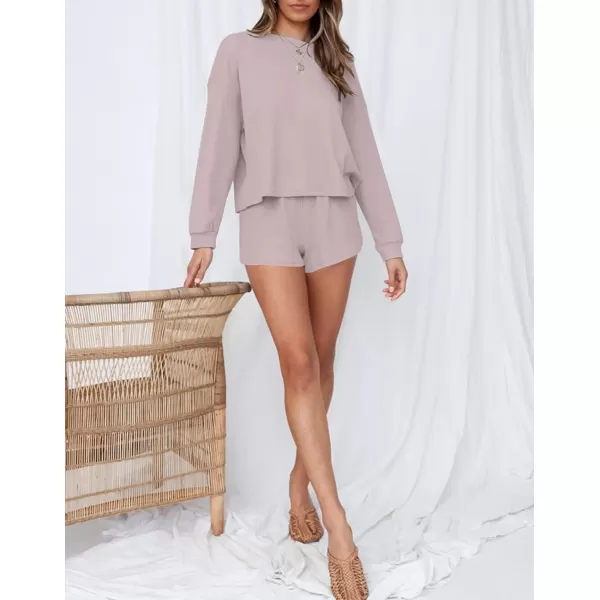 imageZESICA Womens Waffle Knit Long Sleeve Top and Shorts Pullover Nightwear Lounge Pajama Set with PocketsTaro