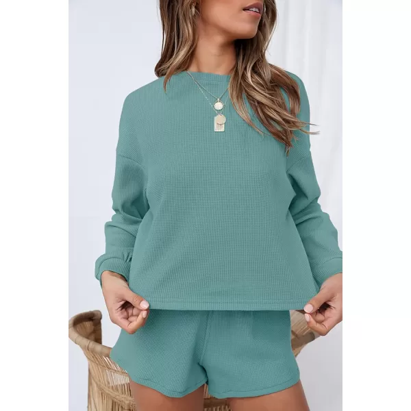 imageZESICA Womens Waffle Knit Long Sleeve Top and Shorts Pullover Nightwear Lounge Pajama Set with PocketsTurquoise