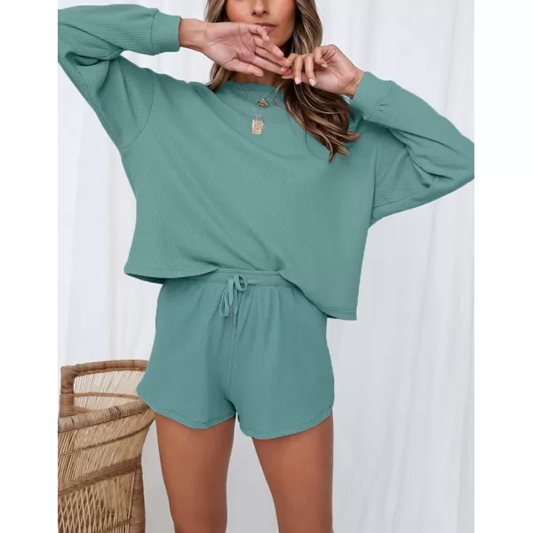 imageZESICA Womens Waffle Knit Long Sleeve Top and Shorts Pullover Nightwear Lounge Pajama Set with PocketsTurquoise