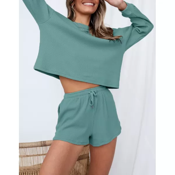 imageZESICA Womens Waffle Knit Long Sleeve Top and Shorts Pullover Nightwear Lounge Pajama Set with PocketsTurquoise