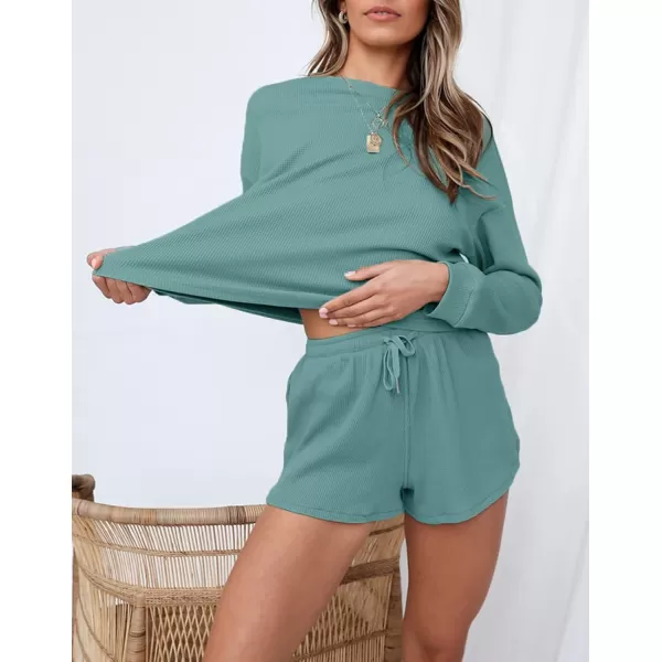 imageZESICA Womens Waffle Knit Long Sleeve Top and Shorts Pullover Nightwear Lounge Pajama Set with PocketsTurquoise