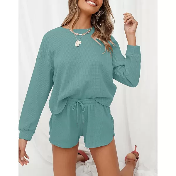 imageZESICA Womens Waffle Knit Long Sleeve Top and Shorts Pullover Nightwear Lounge Pajama Set with PocketsTurquoise