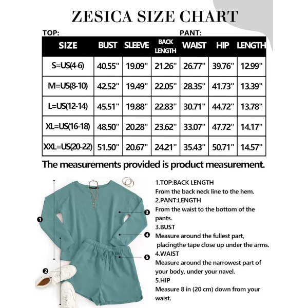 imageZESICA Womens Waffle Knit Long Sleeve Top and Shorts Pullover Nightwear Lounge Pajama Set with PocketsTurquoise