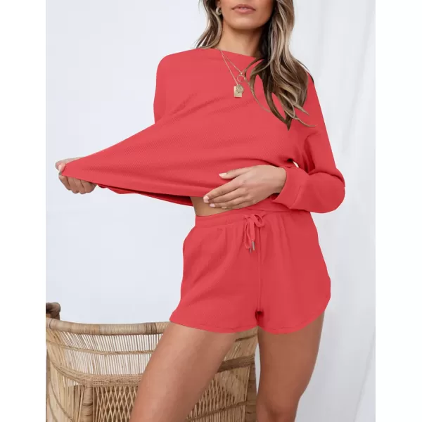 imageZESICA Womens Waffle Knit Long Sleeve Top and Shorts Pullover Nightwear Lounge Pajama Set with PocketsWatermelon