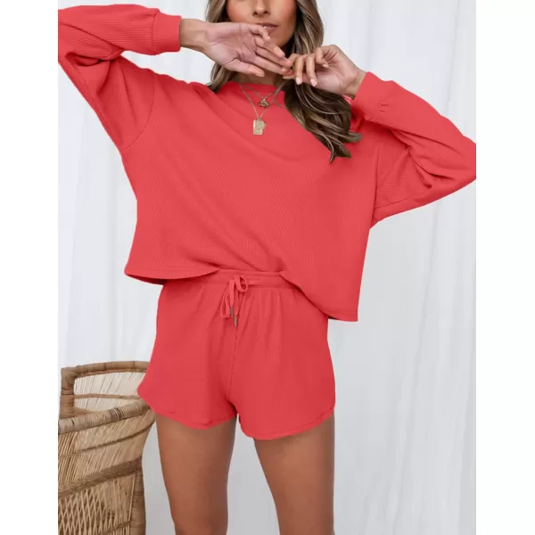 imageZESICA Womens Waffle Knit Long Sleeve Top and Shorts Pullover Nightwear Lounge Pajama Set with PocketsWatermelon
