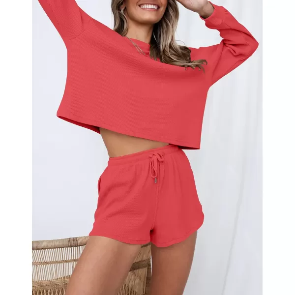 imageZESICA Womens Waffle Knit Long Sleeve Top and Shorts Pullover Nightwear Lounge Pajama Set with PocketsWatermelon