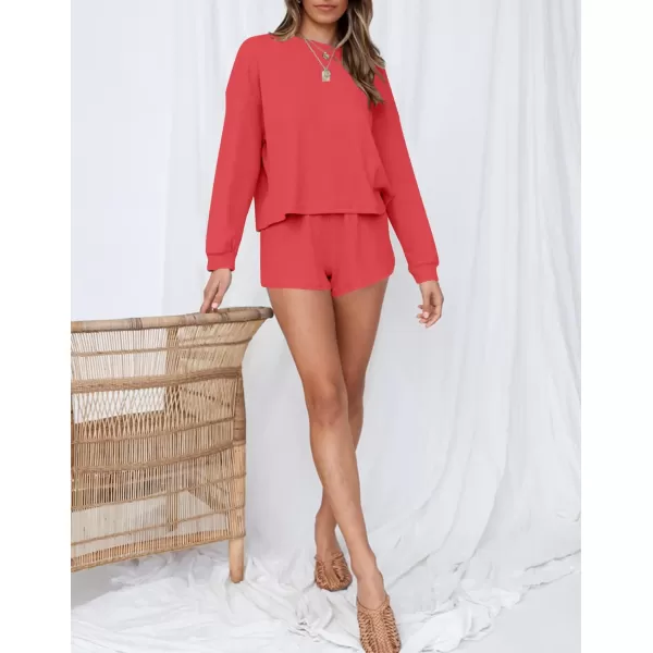 imageZESICA Womens Waffle Knit Long Sleeve Top and Shorts Pullover Nightwear Lounge Pajama Set with PocketsWatermelon