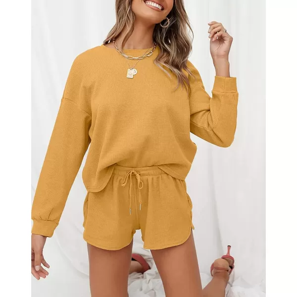 imageZESICA Womens Waffle Knit Long Sleeve Top and Shorts Pullover Nightwear Lounge Pajama Set with PocketsYellow