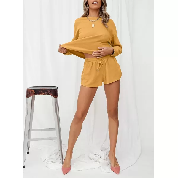 imageZESICA Womens Waffle Knit Long Sleeve Top and Shorts Pullover Nightwear Lounge Pajama Set with PocketsYellow