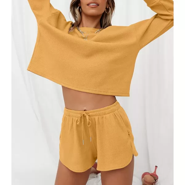 imageZESICA Womens Waffle Knit Long Sleeve Top and Shorts Pullover Nightwear Lounge Pajama Set with PocketsYellow